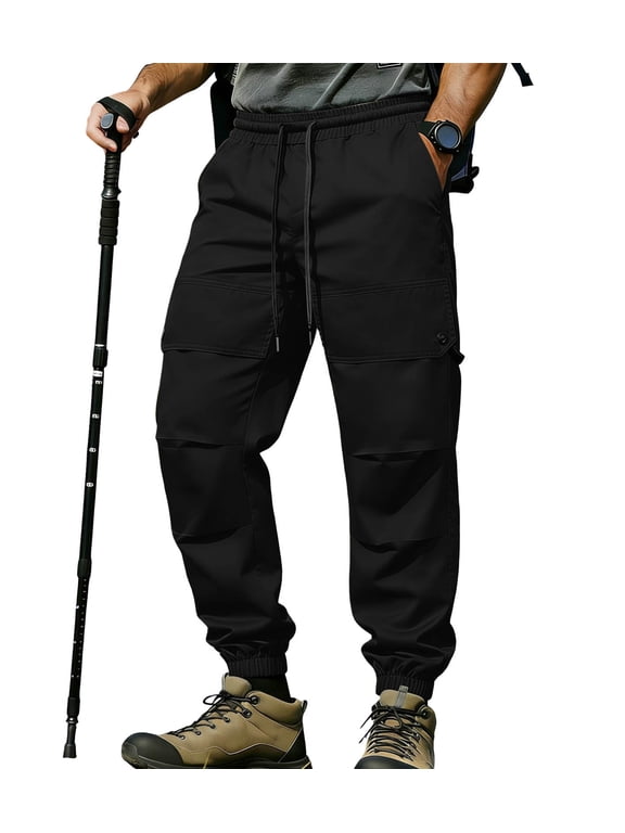 Hiking Pants Men Cargo Pants For Men Fast Dry Elastic Drawstring Double Layer Flap Pocket Tapered Jogger Trousers Work Pants Men Solid Color Climbing Camping Wear