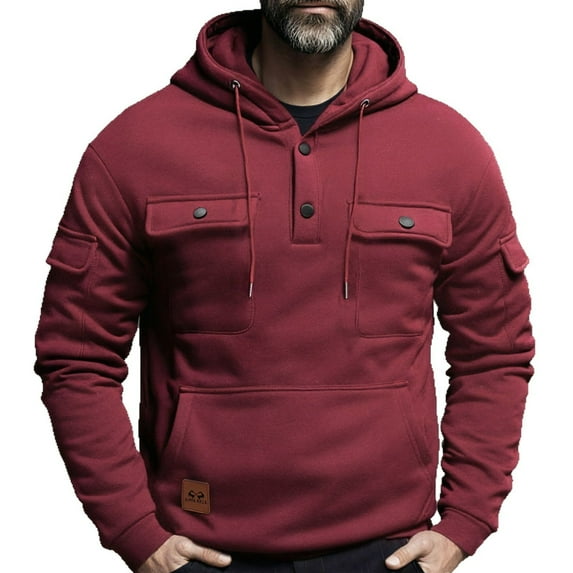 HOOMEUMY Hoodies for Men Fleece Sweatshirts Winter Button Pullover Cargo Hoodies Hooded Fashion Sweatshirts Long Sleeve Sports Pullover with Pocket (Wine,XL)