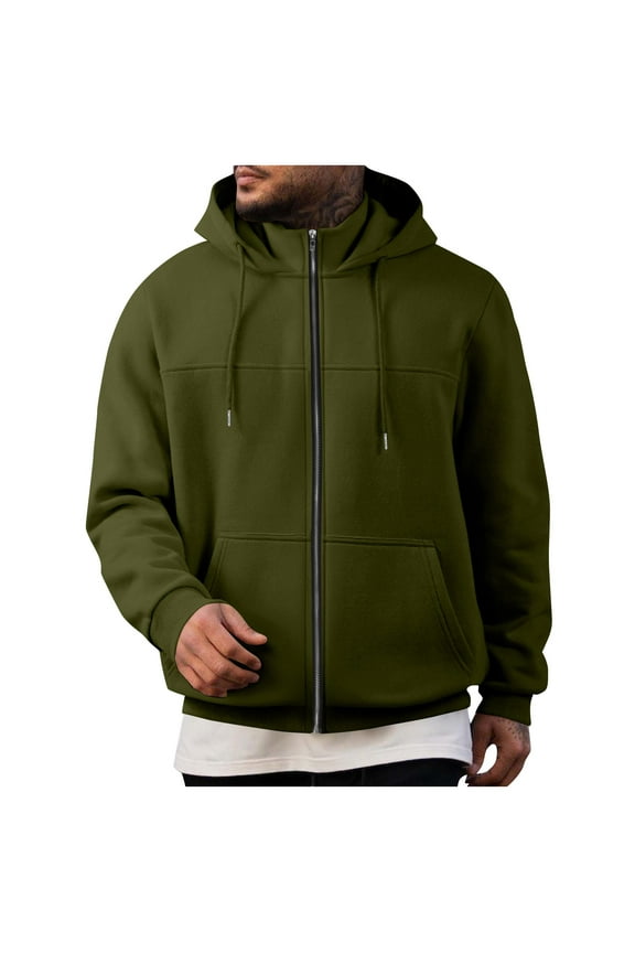 Hoodies for Men Casual Long Sleeve Full Zip Jackets Stand Collar Hoodies Solid Color Winter Loose Hooded Jacket Coat (Army Green,M)