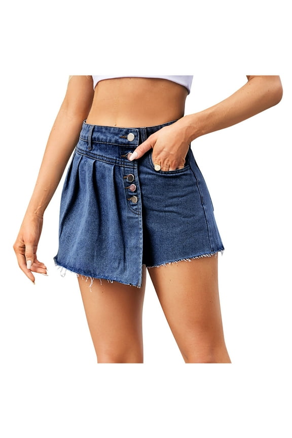Jean Shorts for Women High Waisted Pleated Skorts Casual Regular Fit Pleated Denim Skort Shorts Asymmetric Hem Fashion Summer Shorts Mini Cargo Skirt