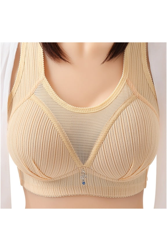 Large Size Middle-aged Women's Wire Free Bra Behind Buckle Comfortable Breathable Exhaust Underwear Fashion Wide straps Bra Beige M