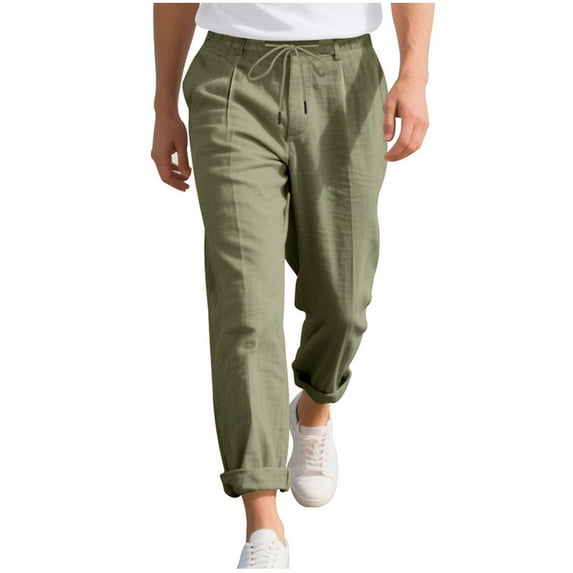 HOOMEUMY Men Casual Cropped Pants Summer Breathable Lightweight Comfy Beach Joggers Fashion Regular Fit Trousers with Pocket (Army Green,XXL)