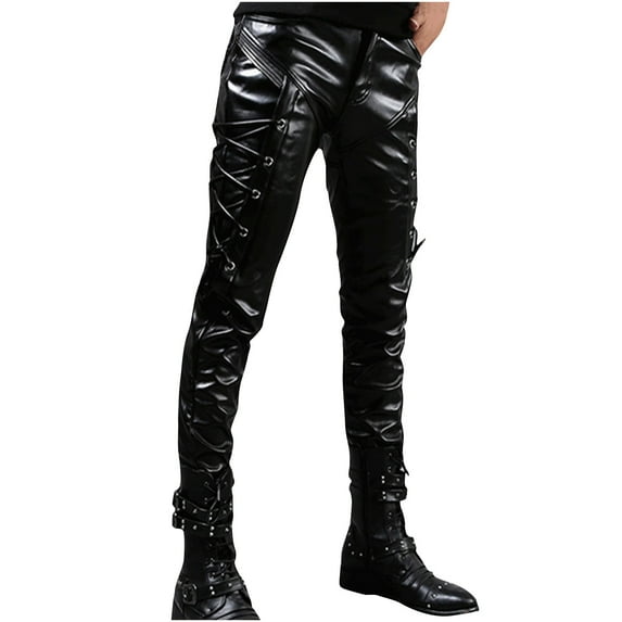 HOOMEUMY Men Casual Fashion Fitted PU Faux Leather Jeans Biker Pants Punk Style Trousers Rock Steampunk Lace Up PU Leather Pants Black 10