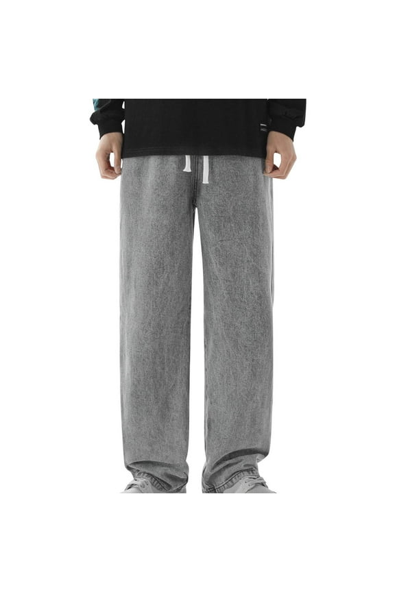 Men Casual Pants Drawstring Elastic Waist Jean Regular Fit Loose Straight Denim Pants with Pockets (Beige,M)
