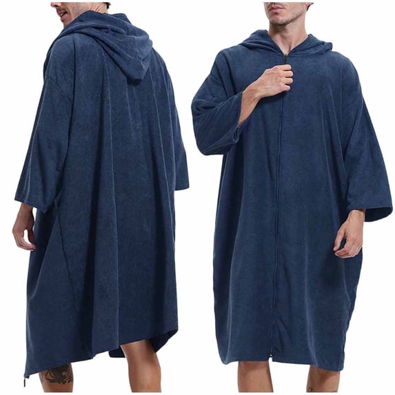 HOOMEUMY Men Fleece Night Robe Casual Hooded Pocket Zipper Long Sleeves Bathrobe Night Robe for Comfortable and Warmth