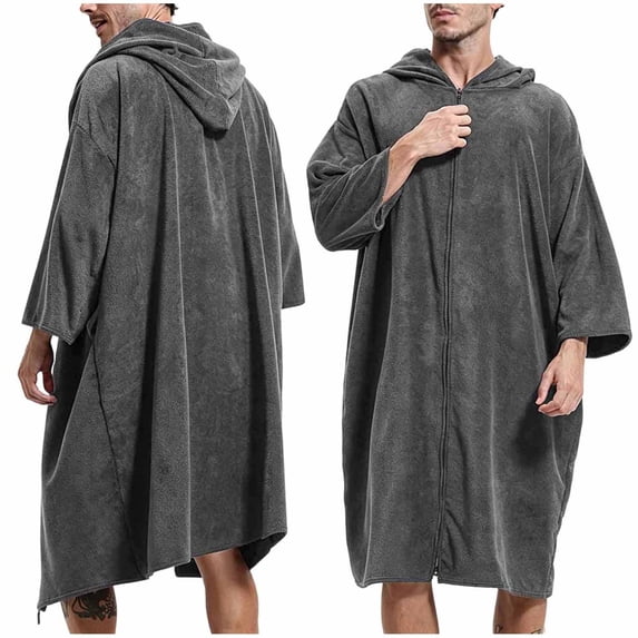 HOOMEUMY Men Fleece Night Robe Casual Hooded Pocket Zipper Long Sleeves Bathrobe Night Robe for Comfortable and Warmth