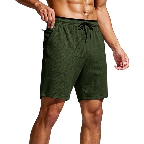 HOOMEUMY Men Mesh Active Shorts Drying Elastic Drawstring Waist Zipper Side Pockets Contrast Waistband Loose Knee Length Breathable Jogging Training Gym Running Daily Workout Shorts Outdoor Wear