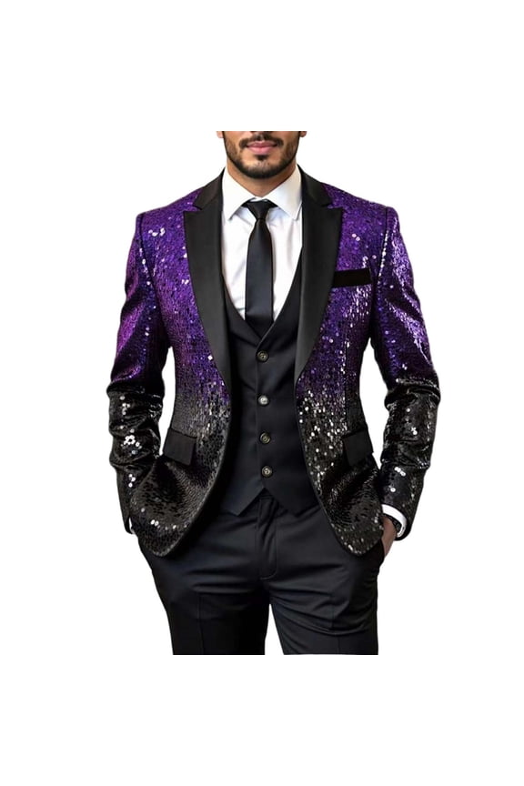 Men Sequin Shiny Prom Suit Jacket Sparkly One Button Slim Fit Blazers Tuxedo for Wedding Party (Purple,S）