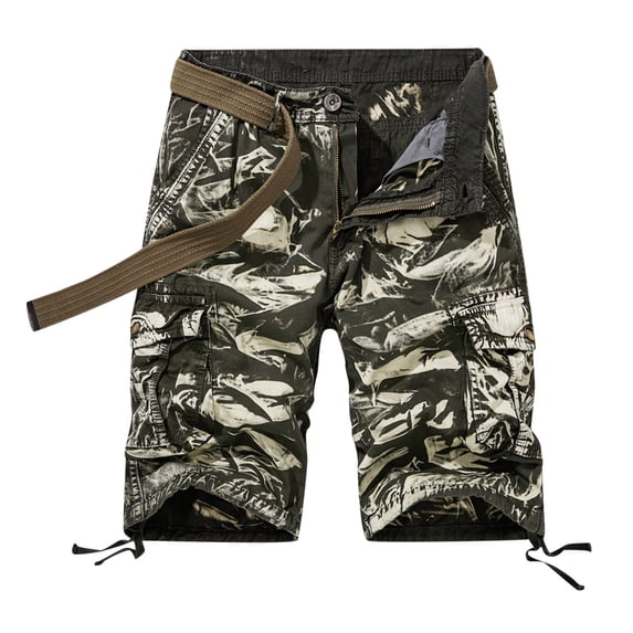 HOOMEUMY Men Summer Shorts Multi-Pocket Camouflage Loose Straight Military Shorts Belt Baggage Bermuda Short Pants Army Green 4
