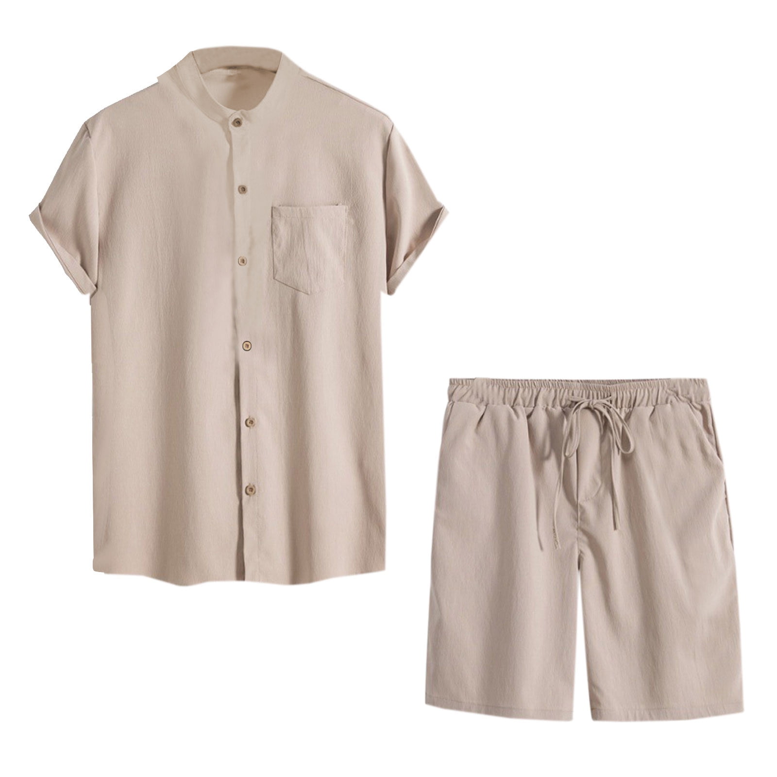 HOOMEUMY Men's 2 Piece Crew Neck Short Sleeve Shirt Shorts Set Summer Beach Solid Loose Fit Outfit Tracksuit Beige XXXL