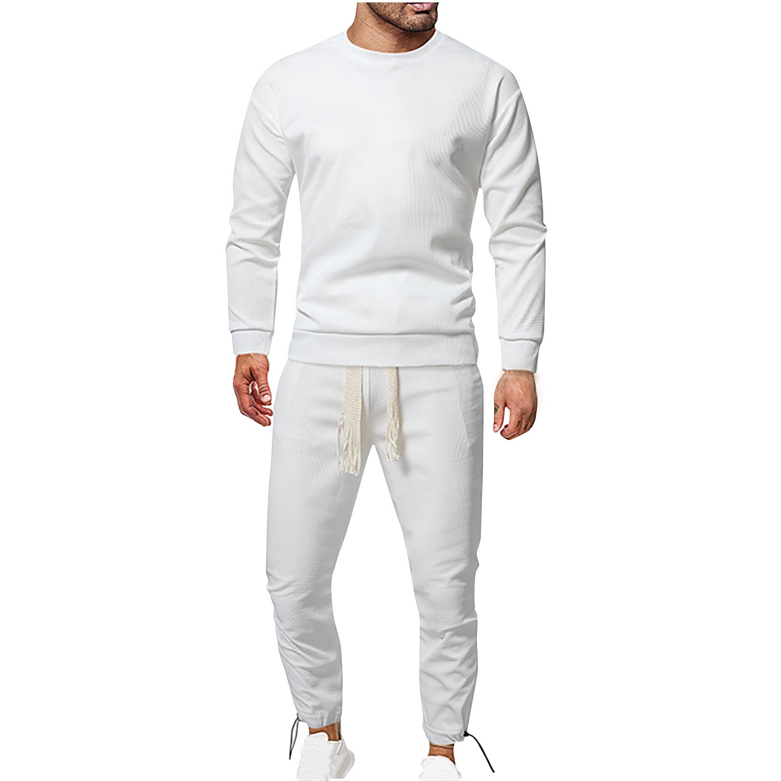 HOOMEUMY Men's 2-Piece Outfits Solid Color Long-Sleeve Round Neck ...