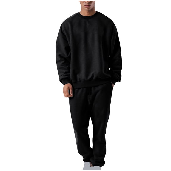 HOOMEUMY Men's 2-Piece Outfits Solid Color Long Sleeve Sweatshirt Sweatpants Tracksuit Set with Pockets Black XXL
