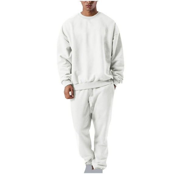 HOOMEUMY Men's 2-Piece Outfits Solid Color Long Sleeve Sweatshirt Sweatpants Tracksuit Set with Pockets White XL
