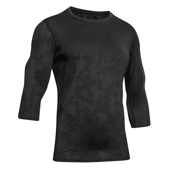 HOOMEUMY Men's 3/4 Sleeve Performance T-Shirt Workout Compression Gym Running Fitness Training Top Moisture Wicking Quick Black L