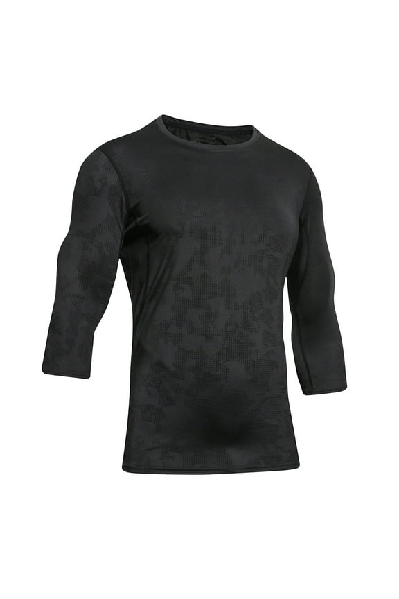 Men's 3/4 Sleeve Performance T-Shirt Workout Compression Gym Running Fitness Training Top Moisture Wicking Quick Black M