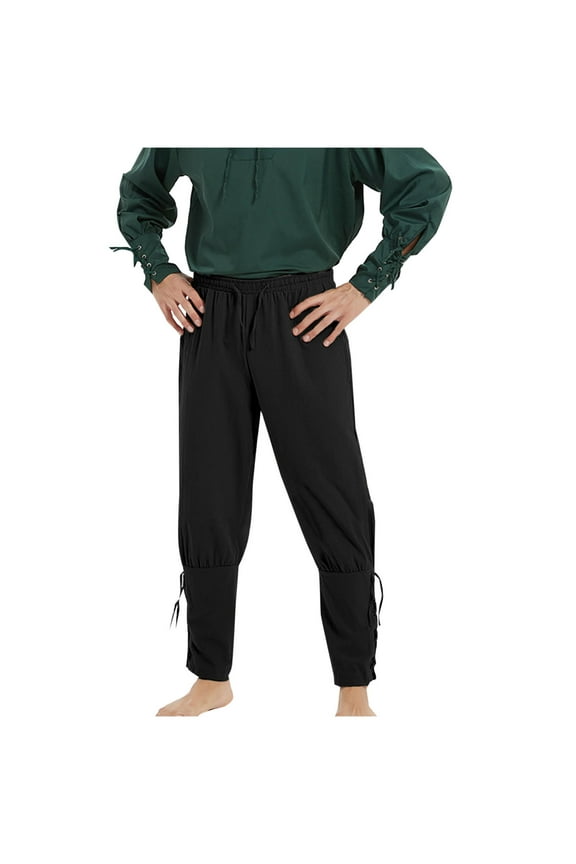 Men's Ankle Banded Cuff Renaissance Pants Medieval Stylish Trousers Pirate Cosplay Costume with Drawstrings Black 8
