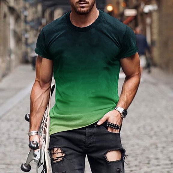 HOOMEUMY Men's Athletic T-Shirts 2025 Trendy Gradient Shirts Round Neck Tops Stylish Slim Fit Casual Blouse Workout Summer Basic Short Sleeve Basic Tees Green XL