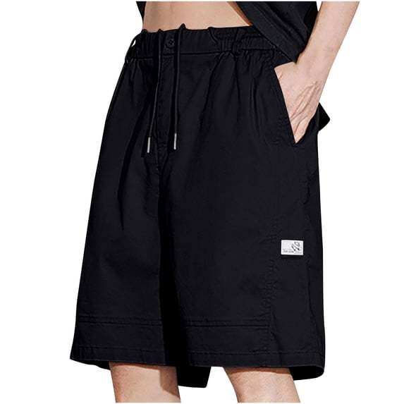 HOOMEUMY Men's Baggy Cotton Shorts with Pockets Drawstring Lightweight Breathable Solid Color Summer Beach Knee Length Shorts Black XXL
