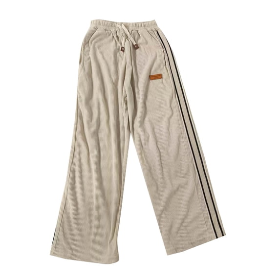 HOOMEUMY Men's Baggy Striped Sweatpants Casual Joggers Drawstring Pants Loose Wide Leg Sweatpants with Pockets (Beige,L)
