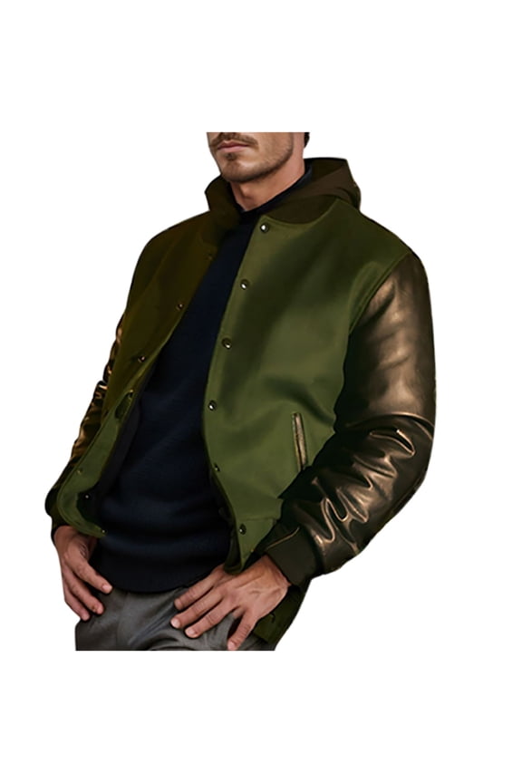 Men's Baseball Jacket Leather Sleeve Button Up Bomber Jacket Warm Winter Outwear Fashion Solid Color Outwear Jacket Men Green XL