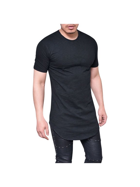 Men's Basic Curved Hem Long Cut T-Shirt Solid Color Slim Fit Crew Neck Casual Short Sleeve Tee Tops Black XXXXL