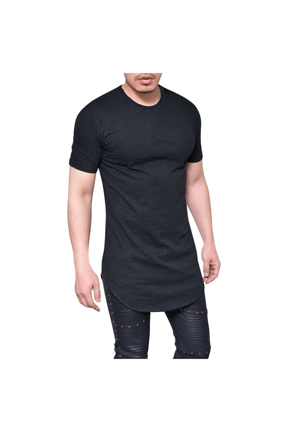 Men's Basic Curved Hem Long Cut T-Shirt Solid Color Slim Fit Crew Neck Casual Short Sleeve Tee Tops Black XXXXL