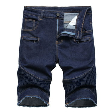 HOOMEUMY Men's Biker Denim Shorts Distressed Slim Fit Stretch Straight Short Pants with Zipper Pockets Blue M