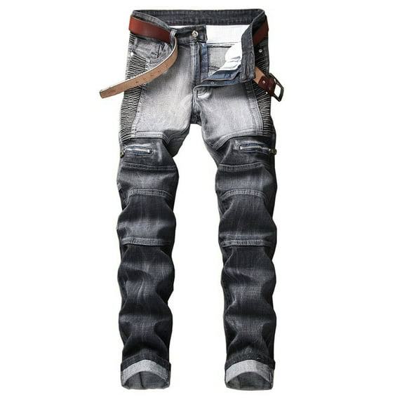 HOOMEUMY Men's Biker Jeans Straight Fit Stretch Denim Washed Distressed Ripped Biker Jeans with Multi-Pockets Loose Fit Low Rise Straight Leg Trucker Jeans for Men Gray XXXXL(38)