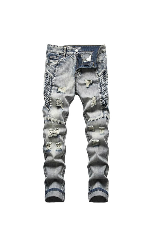 Men's Biker Jeans Stretch Slim Fit Denim Pants Distressed Destroyed Ripped Hole Washed Straight Trucker Jeans Motocross Streetwear Yellow M