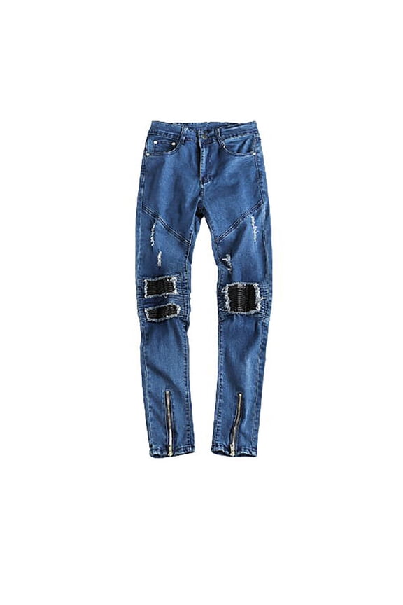 Men's Biker Jeans with Zipper Biker Jeans for Men Stretch Slim Fit Biker Jeans with Black Patchwork Biker Jeans Distressed Straight Biker Jeans Blue XL