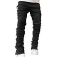 thumbnail image 1 of HOOMEUMY Men's Black Stacked Ripped Destroyed Biker Straight Denim Jeans Hip Hop Stretch Slim Fit Distressed Jeans Black M, 1 of 7