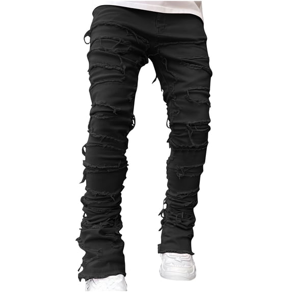 HOOMEUMY Men's Black Stacked Ripped Destroyed Biker Straight Denim Jeans Hip Hop Stretch Slim Fit Distressed Jeans Black M