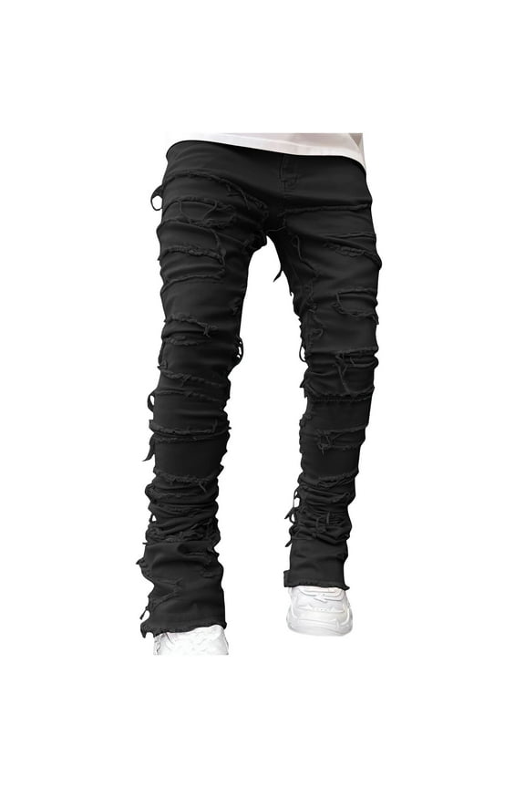 Men's Black Stacked Ripped Destroyed Biker Straight Denim Jeans Hip Hop Stretch Slim Fit Distressed Jeans Black M
