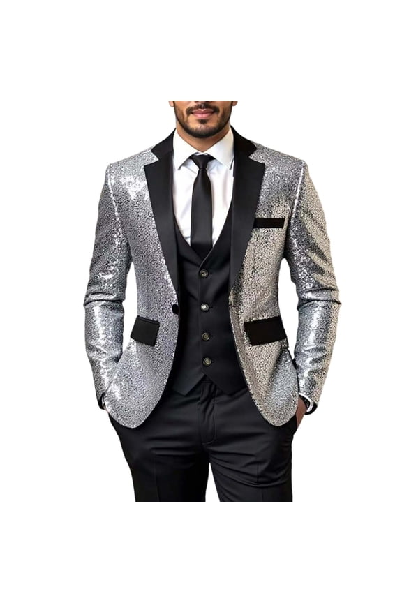 Men's Blazers Fashion Sparkle Blazers Sequin Long Sleeve Suit Jacket Sport Coats for Wedding Party (Silver,S)