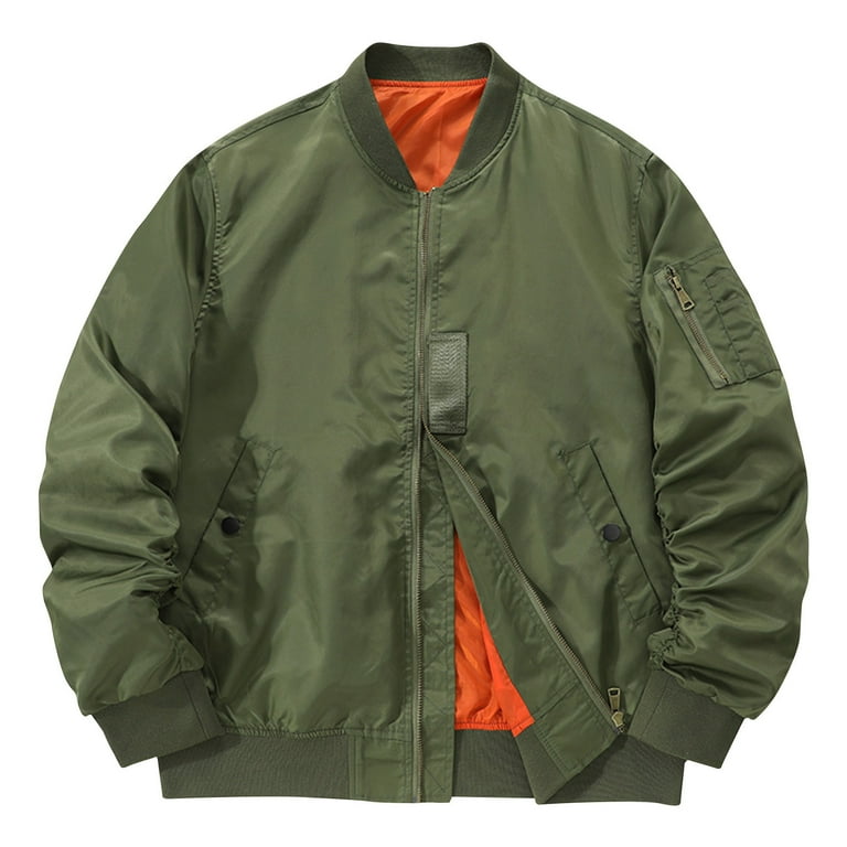 HOOMEUMY Men s Bomber Jacket Lightweight Flight Jacket Zipper Closure Pockets Warm Outdoor Black Orange Lining Fall Winter Spring Army Green XL
