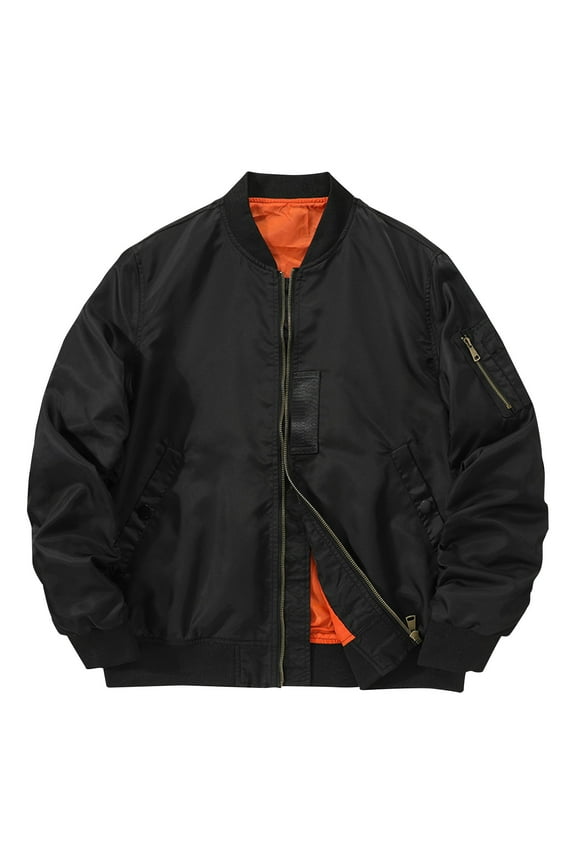 Men's Bomber Jacket Lightweight Flight Jacket Zipper Closure Pockets Warm Outdoor Black Orange Lining Fall Winter Spring Black M