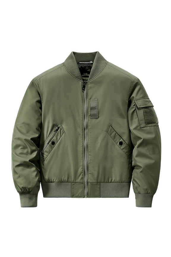 Men's Bomber Jacket Lightweight Zipper Flight Jacket Outdoor Windbreaker Warm Solid Color Stand Collar Long Sleeve Green XXXL