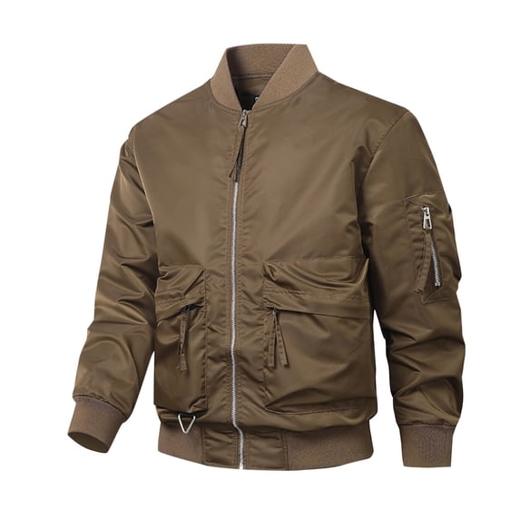HOOMEUMY Men's Bomber Jacket Zipper Classic Solid Lightweight Flight Jacket with Multiple Pockets Full Zip Up Outwear Coffee XL