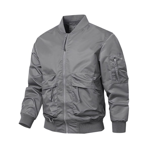HOOMEUMY Men's Bomber Jacket Zipper Classic Solid Lightweight Flight Jacket with Multiple Pockets Full Zip Up Outwear Gray XXL