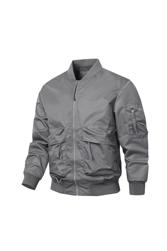 Men's Bomber Jacket Zipper Classic Solid Lightweight Flight Jacket with Multiple Pockets Full Zip Up Outwear Gray XXXXL