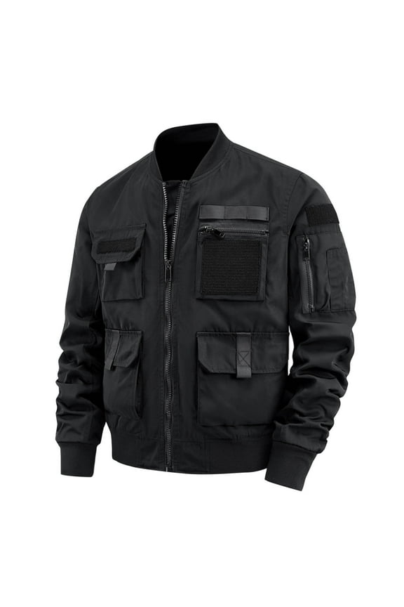 Men's Bomber Jackets Multi Pocket Zipper Up Retro Solid Hoodless Casual Flight Jacket Outerwear Black XL