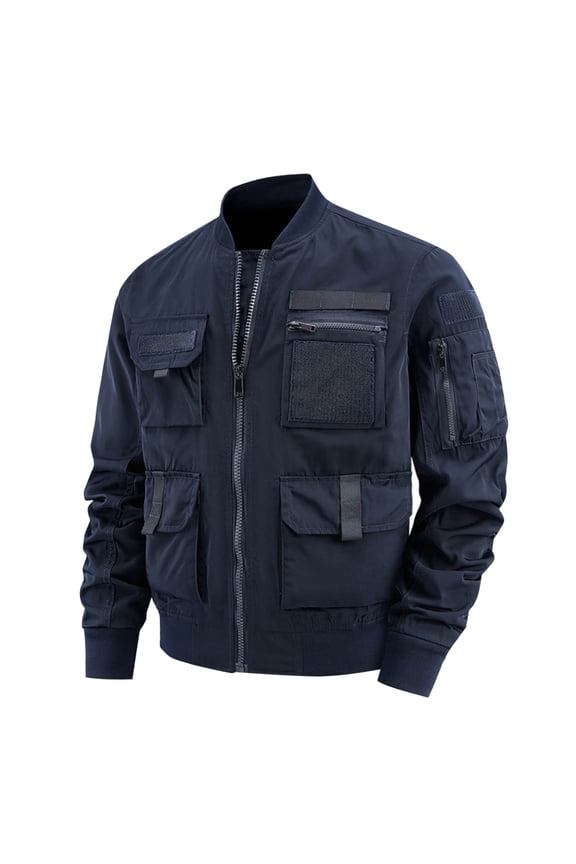Men's Bomber Jackets Multi Pocket Zipper Up Retro Solid Hoodless Casual Flight Jacket Outerwear Dark Blue M