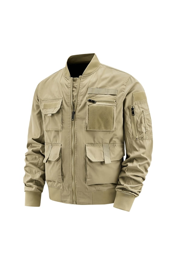 Men's Bomber Jackets Multi Pocket Zipper Up Retro Solid Hoodless Casual Flight Jacket Outerwear Khaki XXXXL