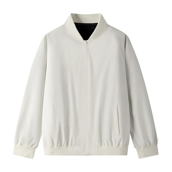 HOOMEUMY Men's Bomber Jackets Zipper Lightweight Solid Color Baseball Jacket Outwear Spring Autumn Stand Collar Long Sleeve Zipper Pocket White L