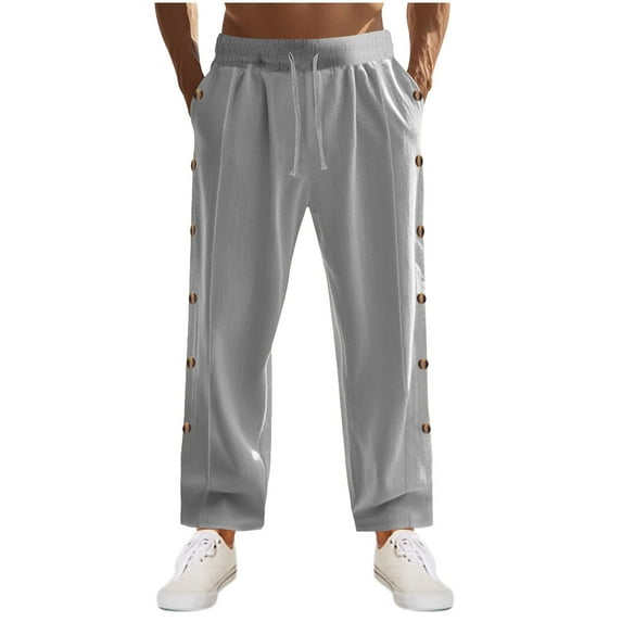 HOOMEUMY Men's Button Side Cotton Linen Straight Leg Casual Sweatpants - Elastic Waist Comfy Loose Lounge Pants with Pockes Gray 14