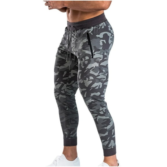 HOOMEUMY Men's Camouflage Jogger Pants Elastic Waist Drawstring Sweatpants Workout Training Trousers Side Pockets Skinny Fit Gym Running Fitness Gray XXL