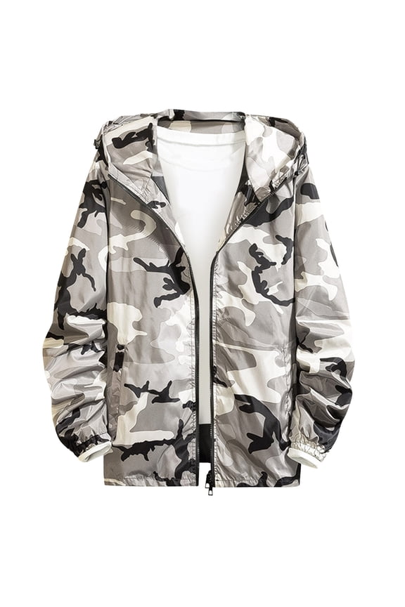Men's Camouflage Lightweight Jacket Hooded Windbreaker Zipper Outdoor Water Resistant Lightweight Spring Autumn Jacket Outdoor Sport Wear Gray M