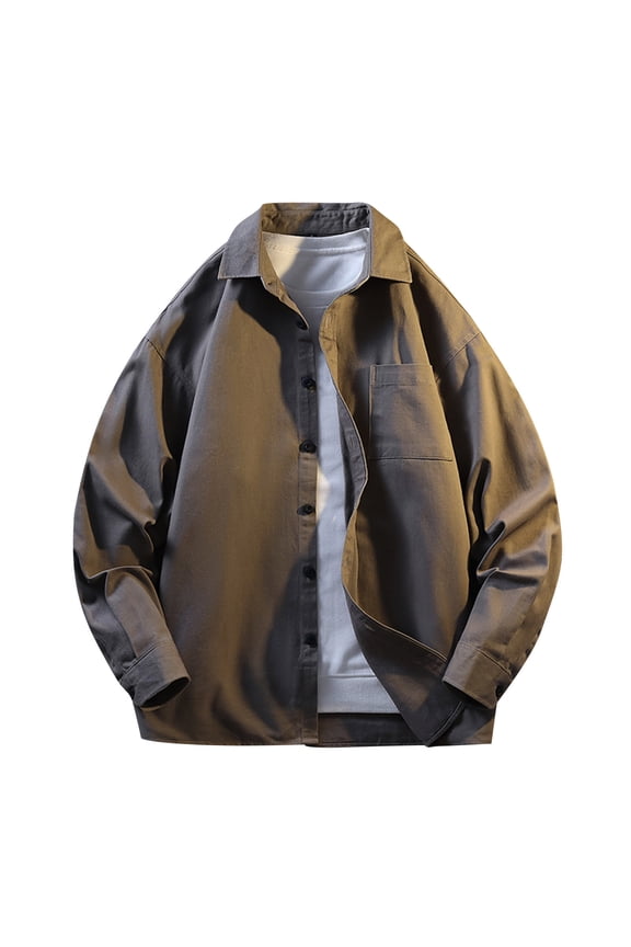 Men's Cargo Jackets Fashion Solid Color Button Lapel Coat Solid Color Long Sleeve Coats Loose Comfy Outwear (Coffee,M)