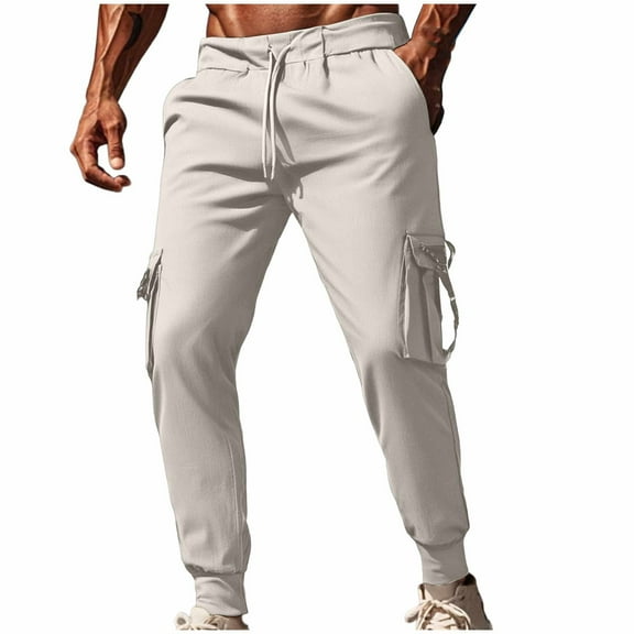 HOOMEUMY Men's Cargo Pants Comfy Drawstring High Waisted Sweat Pants Casual Outdoor Work Hiking Pants Elastic Waist Trousers (Khaki,M)