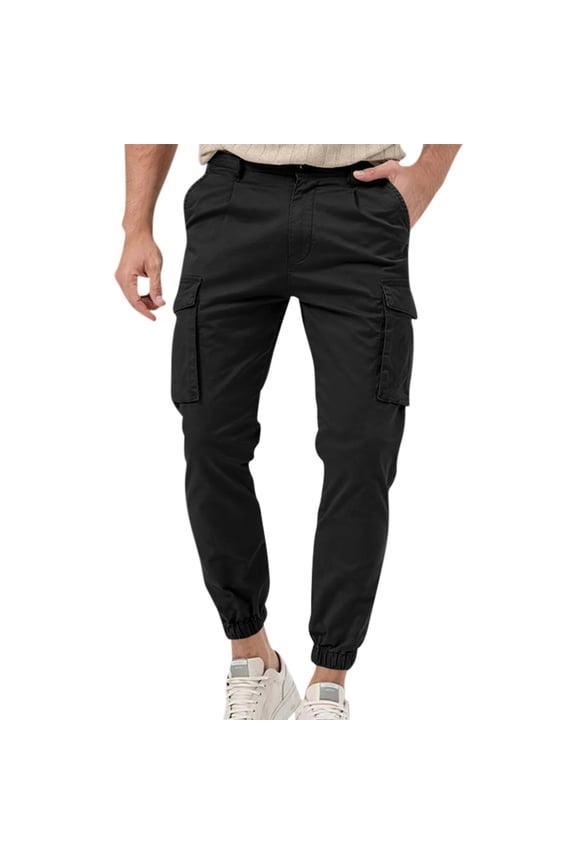 Men's Cargo Pants Cuffed Jogger Pants Slim Fit Elastic Waist Outdoor Work Trousers Cotton Black XL